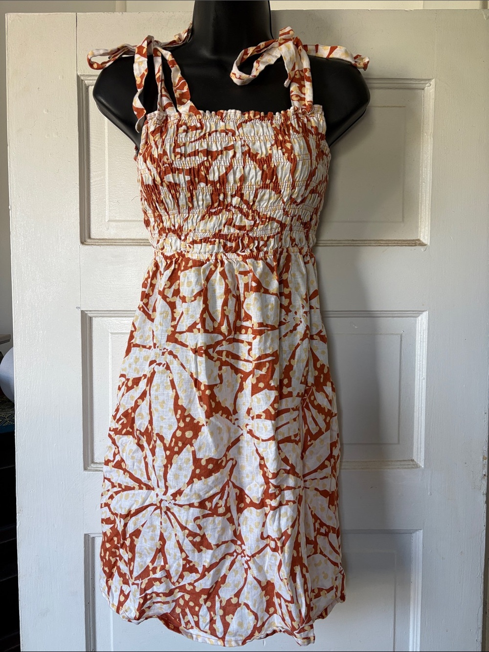 Nicole Miller Linen Tie-Shoulder Smocked Sundress